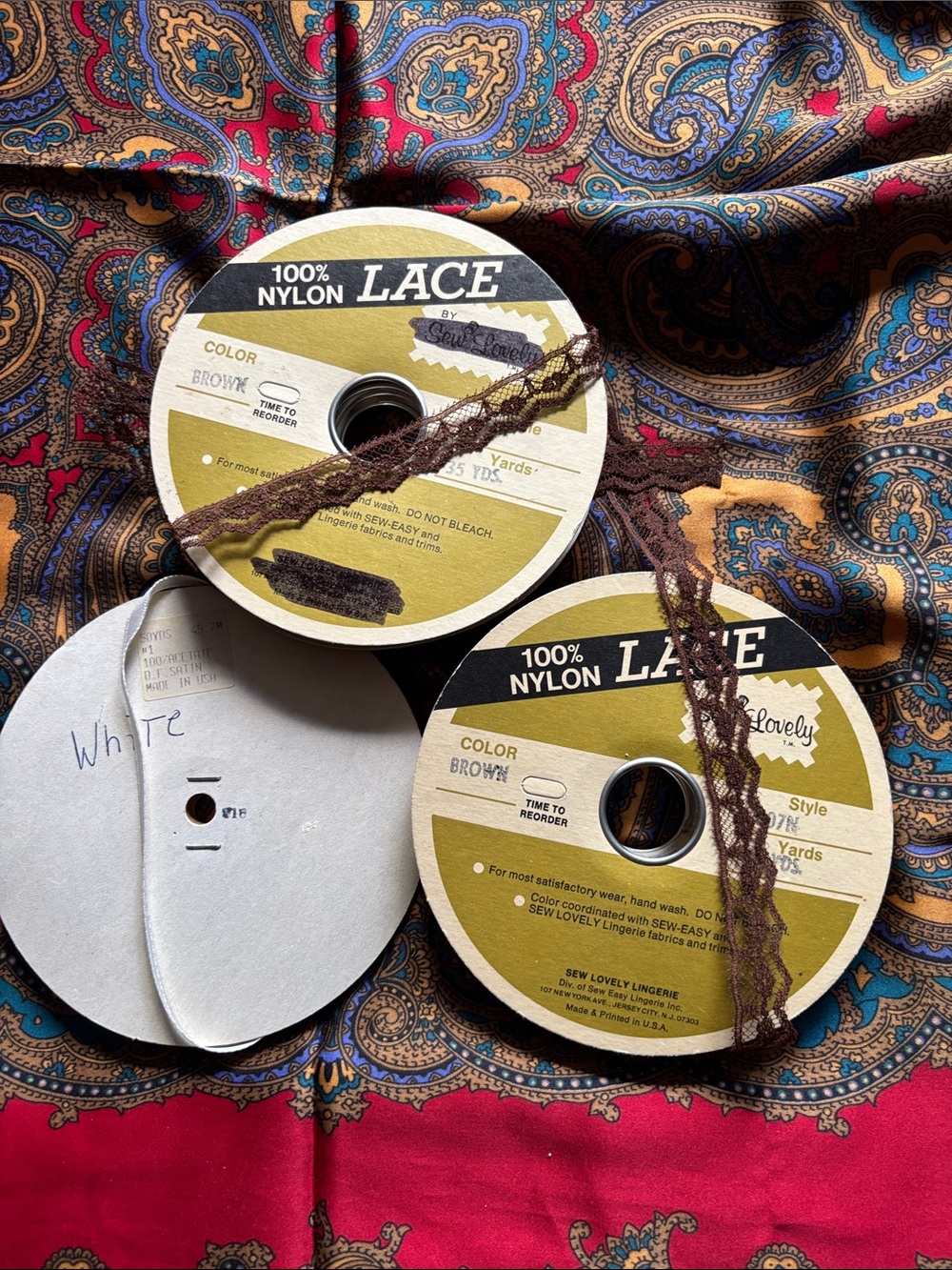 Vintage Sew Lovely Nylon Lace Trim Lot 3 Spools Brown White Sewing Notions
